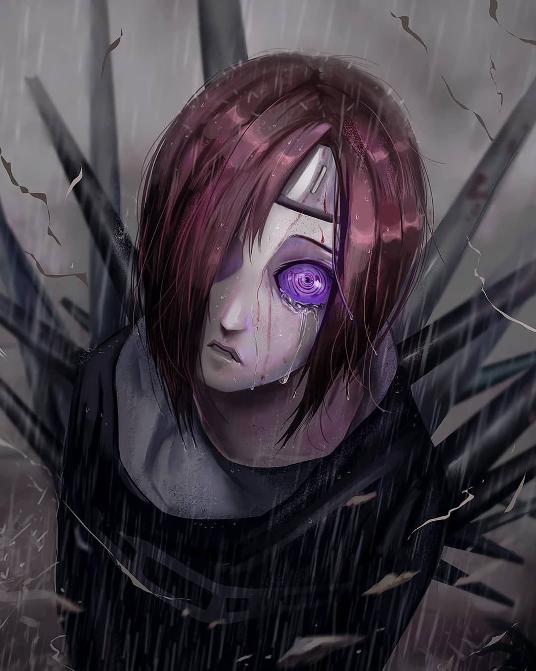1boy, amegakure_symbol, commentary, crying, crying_with_eyes_open, english_commentary, forehead_protector, hair_over_one_eye