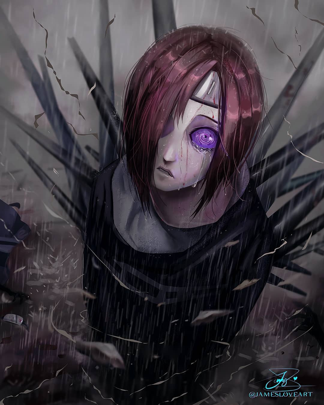 1boy, amegakure_symbol, artist_name, commentary, crying, crying_with_eyes_open, english_commentary, forehead_protector