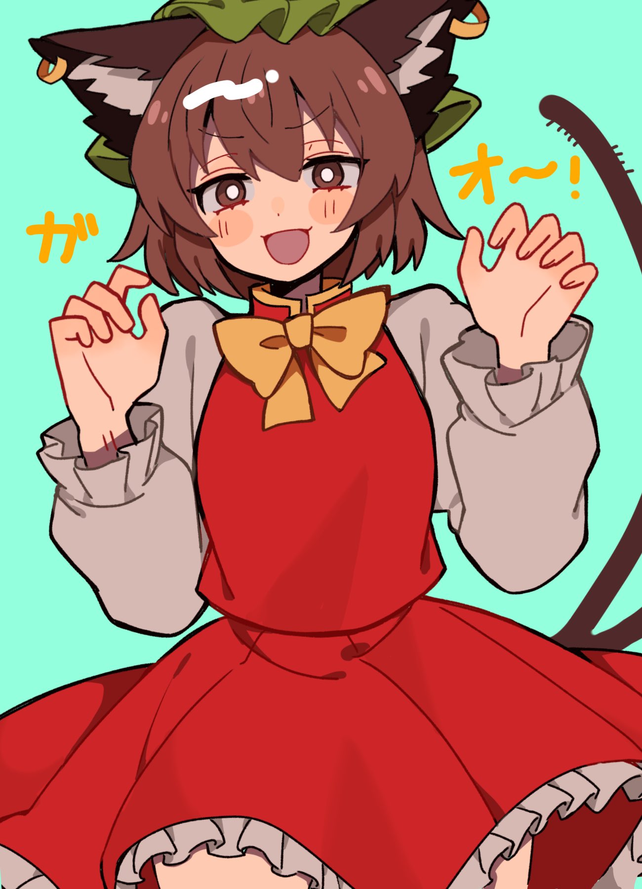 1girl, :3, :d, animal_ears, blue_background, bow, bowtie, brown_eyes