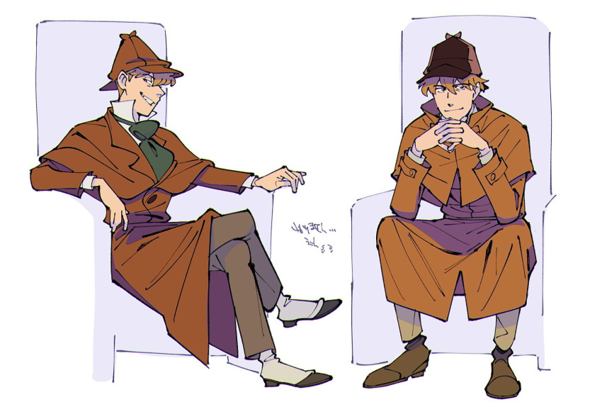 1boy, arm_rest, basil_(mouse), brown_coat, brown_footwear, brown_hair, brown_pants, coat