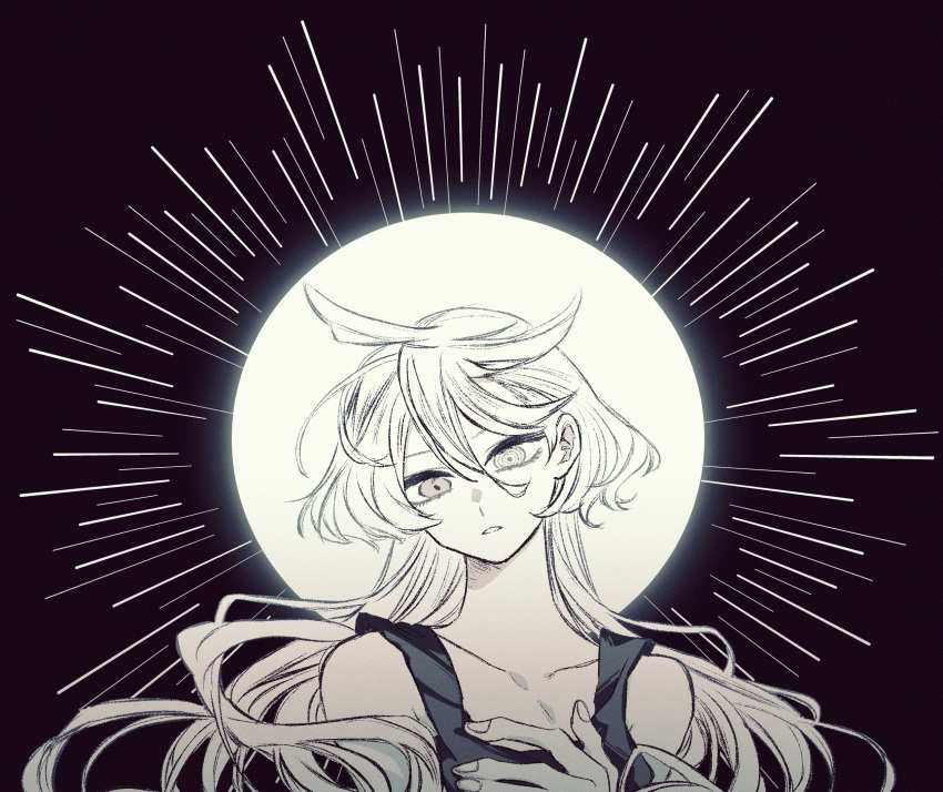 1girl, black_background, commentary_request, expressionless, greyscale, gundam, gundam_suisei_no_majo, hand_on_own_chest