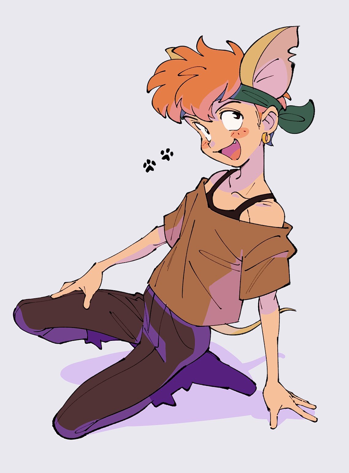 1boy, animal_ears, black_tank_top, blush_stickers, brown_pants, brown_shirt, chihuahua, collarbone, dog_boy, dog_ears, dog_tail, earrings, fang, full_body, gold_earrings, green_hairband, hairband, highres, humanization, jewelry, looking_at_viewer, loose_clothes, loose_shirt, male_focus, notched_ear, oliver_&amp;_company, open_mouth, orange_hair, pants, paw_print, shirt, short_hair, solo, squatting, tail, tank_top, tito_(oliver_&amp;_company), uochandayo