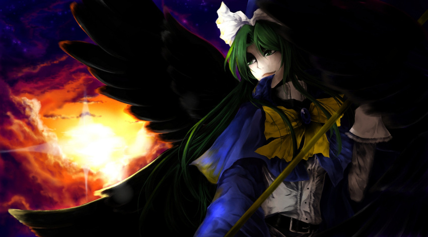 1girl, belt, black_wings, capelet, cloud, collie, dress, green_eyes, green_hair, hat, long_hair, looking_away, mima, ribbon, sky, smile, solo, staff, sun, touhou, twilight, wings, wizard_hat