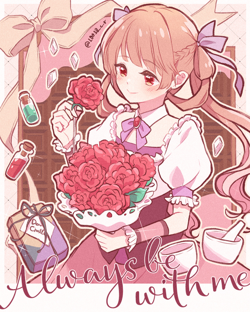 10038cr, 1girl, ann_halford, blush, bouquet, bow, bowtie, box