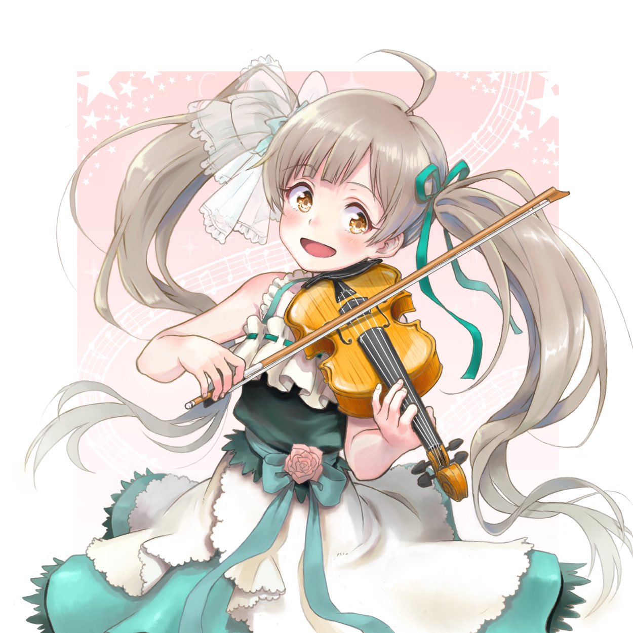 1girl, :d, ahoge, bare_shoulders, blush, border, bow, bow_(music)