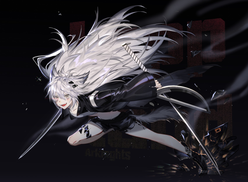 1girl, absurdres, aleo, animal_ears, arknights, bare_legs, black_background, black_footwear, black_jacket, black_shorts, boots, breasts, chinese_commentary, collarbone, commentary_request, crop_top, dual_wielding, floating_hair, full_body, glowing, glowing_eye, green_eyes, hair_between_eyes, highres, holding, holding_sword, holding_weapon, jacket, lappland_(arknights), leaning_forward, leather, leather_jacket, leather_shorts, long_hair, long_sleeves, marking_on_cheek, material_growth, medium_breasts, messy_hair, open_clothes, open_jacket, open_mouth, oripathy_lesion_(arknights), running, shards, shirt, short_shorts, shorts, simple_background, sleeves_past_wrists, smile, smoke, solo, stomach, sword, tail, teeth, torn_clothes, torn_sleeves, very_long_hair, weapon, white_hair, white_shirt, wide_sleeves, wolf_ears, wolf_tail