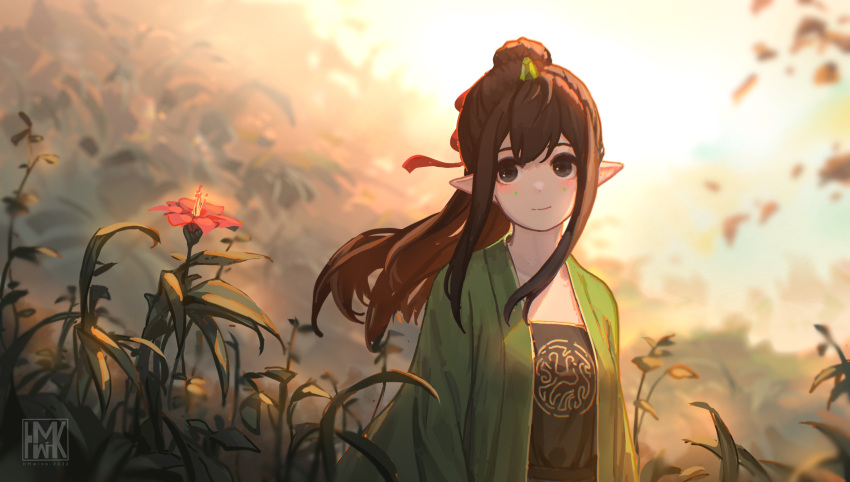 1girl, blurry, brown_eyes, brown_hair, chinese_clothes, closed_mouth, duijin_ruqun, elf, facial_mark, flower, forehead_mark, hair_ribbon, hanfu, highres, hua_ming_wink, long_hair, long_sleeves, looking_at_viewer, nature, original, outdoors, plant, pointy_ears, ponytail, red_flower, red_ribbon, ribbon, smile, solo, standing, sunlight