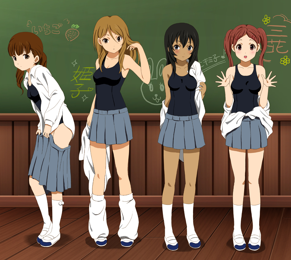 black_eyes, black_hair, blush, brown_eyes, brown_hair, chalkboard, dark_skin, extra, food, fruit, k-on!, legs, long_hair, loose_socks, makigami_kimiko, multiple_girls, outstretched_hand, saeki_mika, school_swimsuit, school_uniform, shian_(my_lonly_life.), shoes, skirt, skirt_down, socks, strawberry, swimsuit, swimsuit_under_clothes, tachibana_himeko, twintails, undressing, uwabaki, wakaouji_ichigo, white_legwear