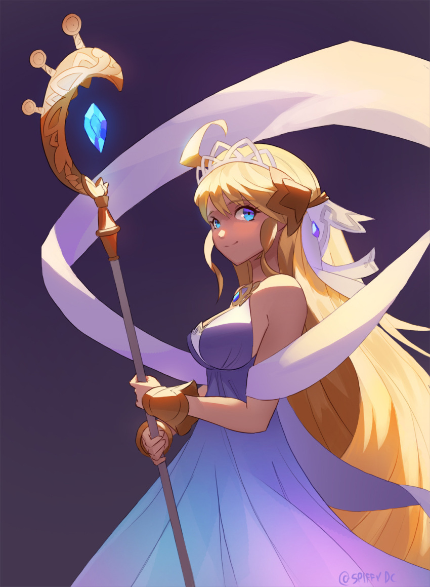 1girl, ahoge, bare_shoulders, blonde_hair, blue_dress, blue_eyes, closed_mouth, dragalia_lost