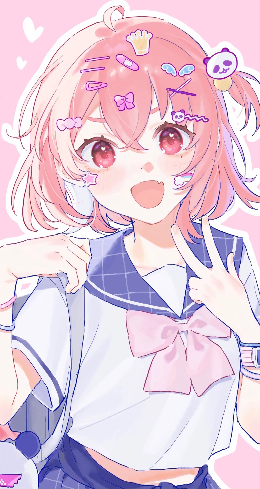 1girl, ahoge, blush, collarbone, fang, hair_between_eyes, hair_ornament, hairclip, heart, highres, k_www_com, looking_at_viewer, medium_hair, midriff, multiple_bracelets, nijisanji, open_mouth, outline, pink_background, pink_hair, red_eyes, sasaki_saku, school_uniform, serafuku, side_ponytail, skin_fang, solo, sticker_on_face, v, virtual_youtuber, white_outline