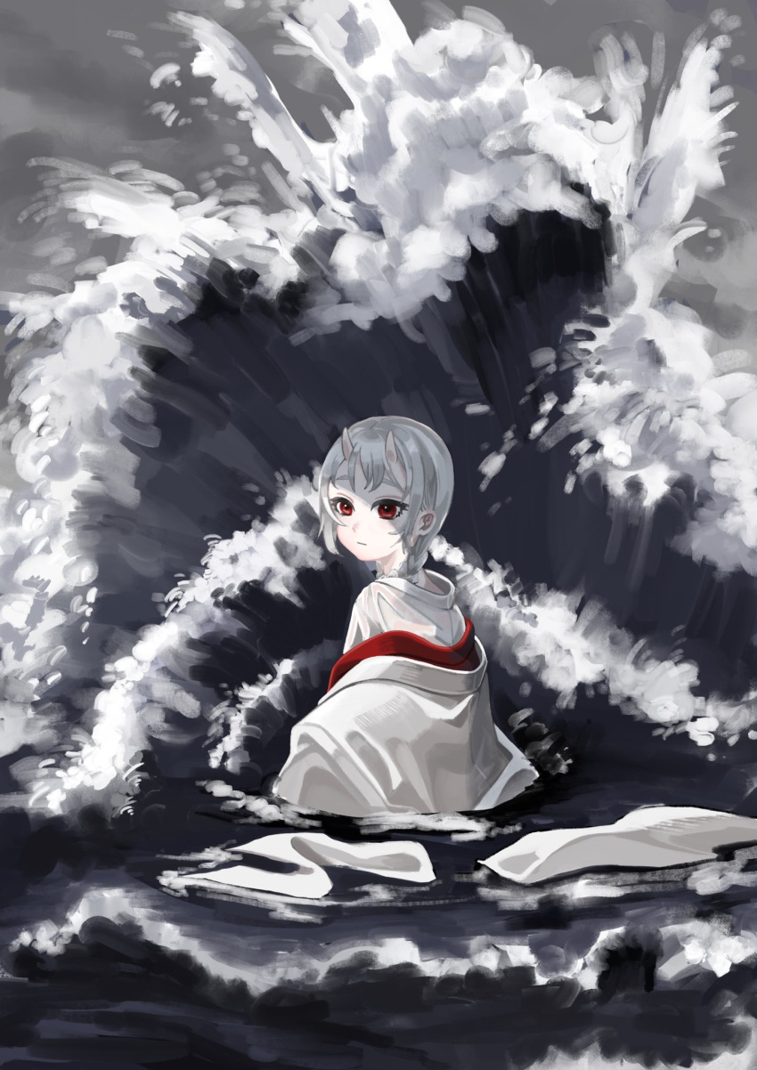 1girl, braid, braided_ponytail, closed_mouth, expressionless, grey_hair, highres, horns