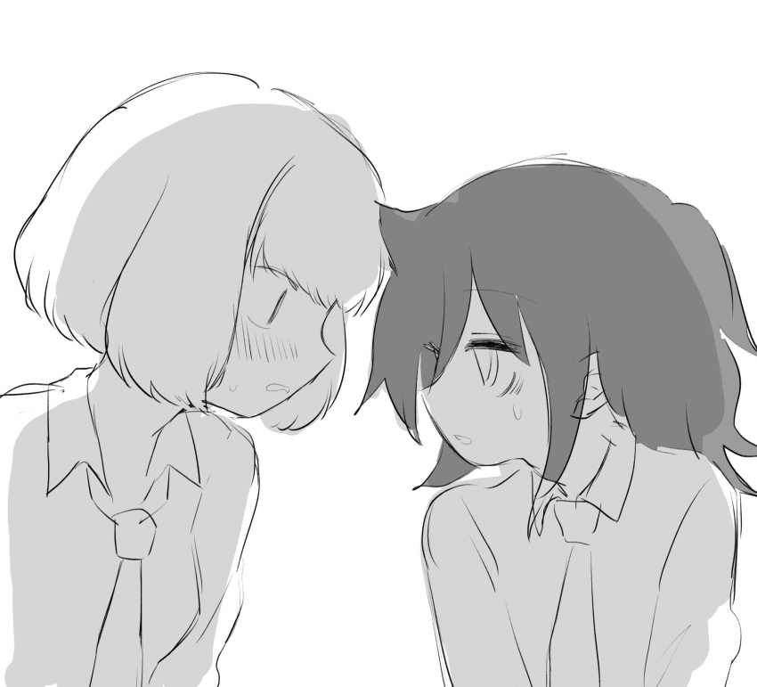 2girls, bags_under_eyes, blush, collared_shirt, eye_contact, greyscale, highres, kuroki_tomoko