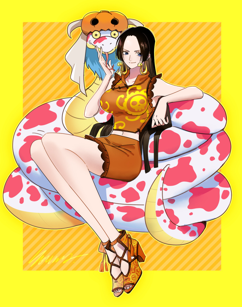 1girl, adapted_costume, black_hair, blue_eyes, boa_hancock, breasts, brown_shirt, brown_skirt