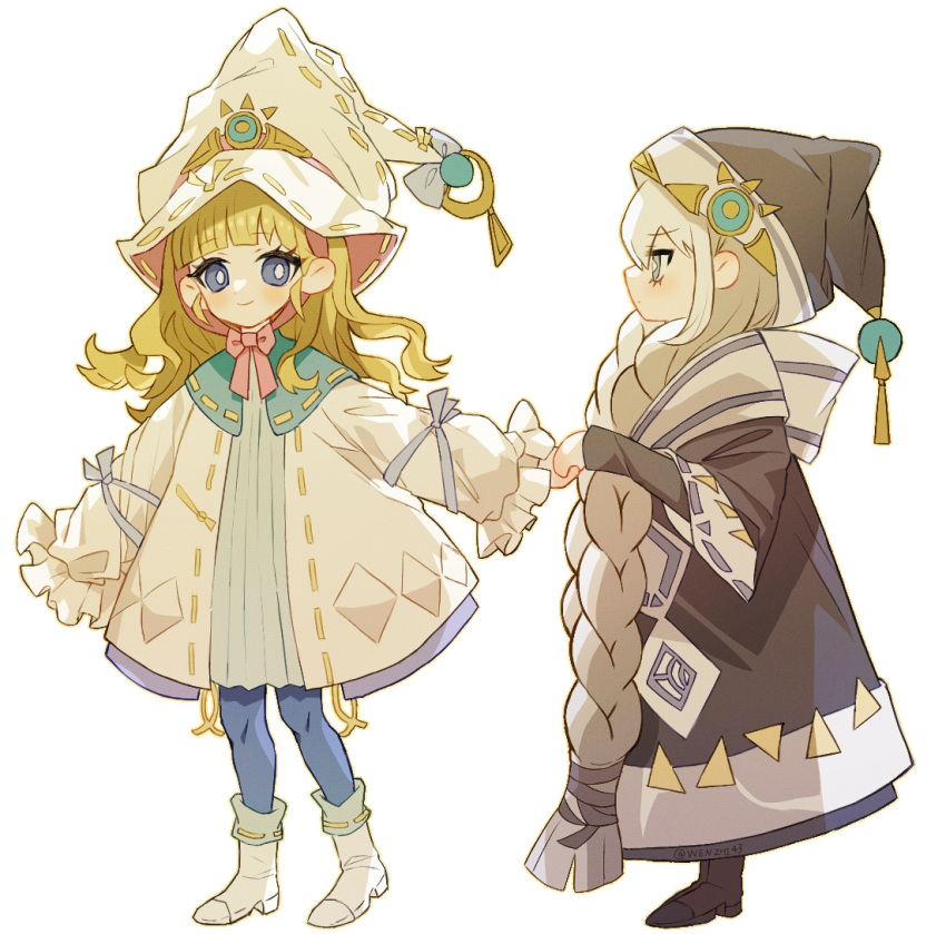 asteria_of_the_white_woods, blonde_hair, blue_eyes, blue_pantyhose, braid, brown_coat, brown_footwear, brown_hat