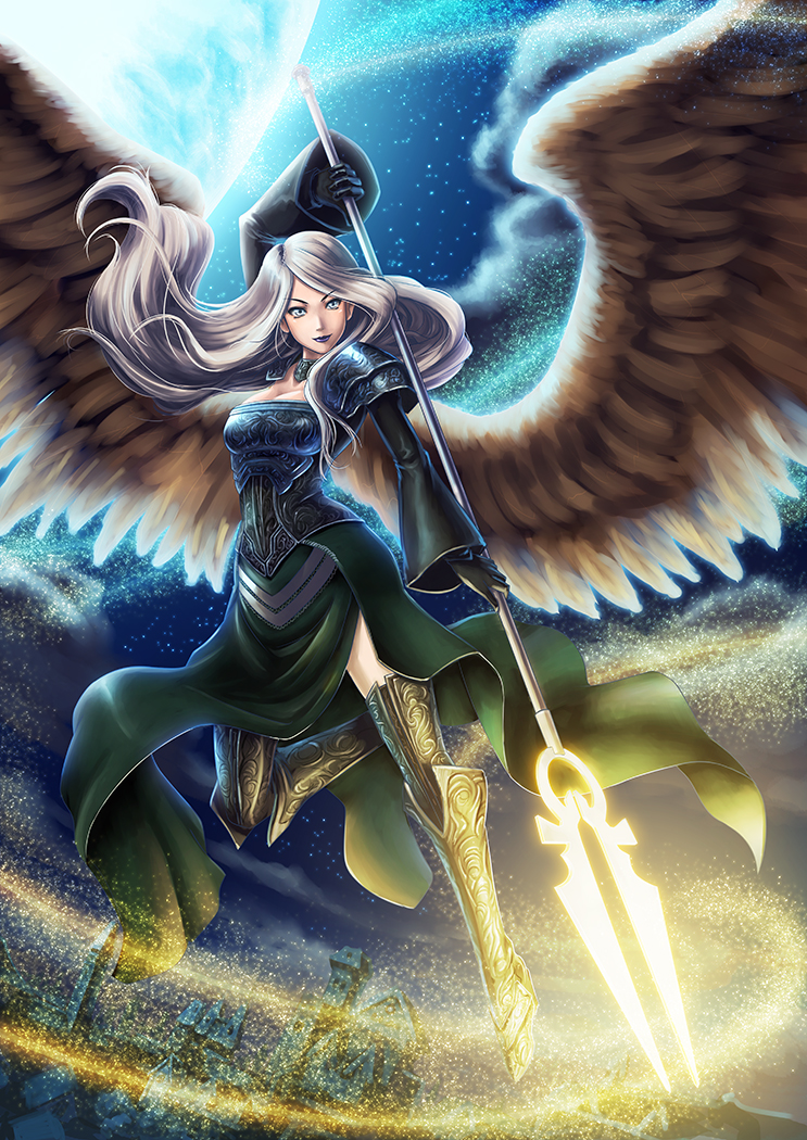 1girl, angel, angel_wings, armor, armored_boots, avacyn, bident, black_gloves