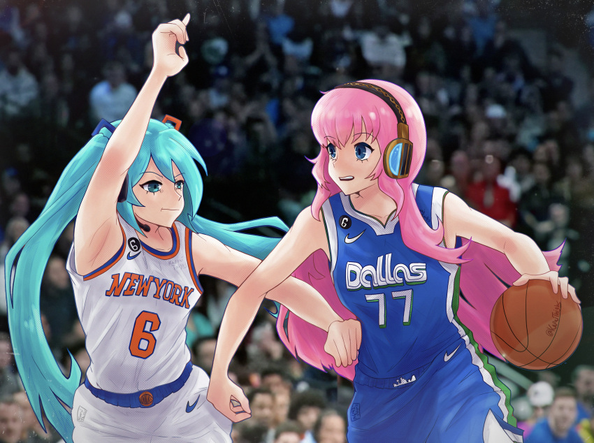 2girls, absurdres, aqua_eyes, aqua_hair, arm_up, armpits, ball, basketball, basketball_(object), basketball_jersey, basketball_uniform, blue_eyes, closed_mouth, clothes_writing, cosplay, crowd, dallas_mavericks, dribbling_(basketball), hatsune_miku, headphones, highres, jersey, kanpaithighs, long_hair, looking_at_another, luka_doncic, luka_doncic_(cosplay), megurine_luka, multiple_girls, name_connection, national_basketball_association, nike_(company), open_mouth, photo_background, pink_hair, playing_sports, shirt, sleeveless, sleeveless_shirt, sportswear, twintails, very_long_hair, vocaloid