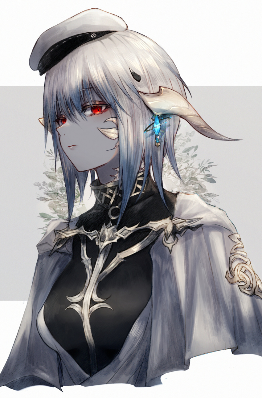 1girl, au_ra, black_shirt, blue_hair, breasts, capelet, colored_skin, colored_tips