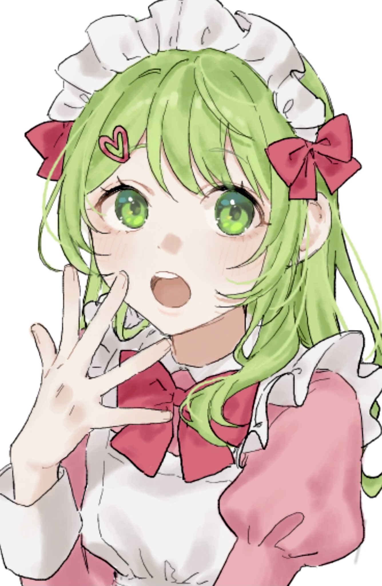 1girl, blush, bow, green_eyes, green_hair, hair_bow, hair_ornament, heart, heart_hair_ornament, highres, k_www_com, long_hair, maid, maid_headdress, morinaka_kazaki, nijisanji, open_mouth, simple_background, solo, virtual_youtuber, white_background