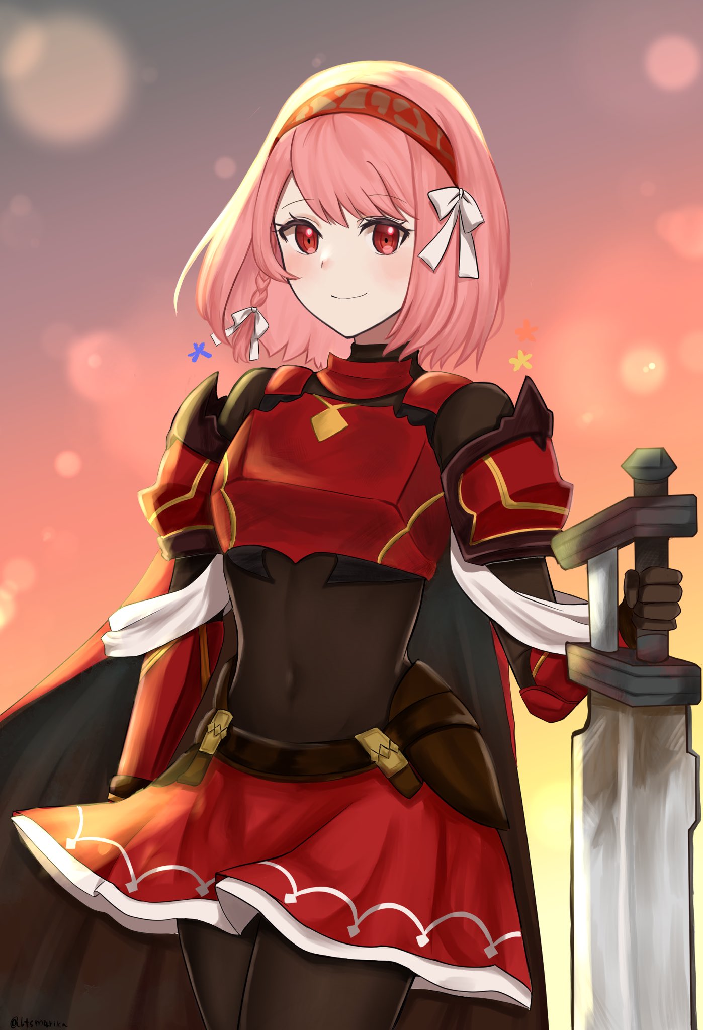 1girl, armor, bodystocking, braid, cape, covered_navel, crop_top, fire_emblem, fire_emblem_engage, grey_hairband, hairband, highres, holding, holding_sword, holding_weapon, lapis_(fire_emblem), otokajife, pink_eyes, pink_hair, red_armor, red_cape, red_hairband, red_skirt, ribbon, side_braid, skirt, sword, two-tone_hairband, weapon, white_ribbon