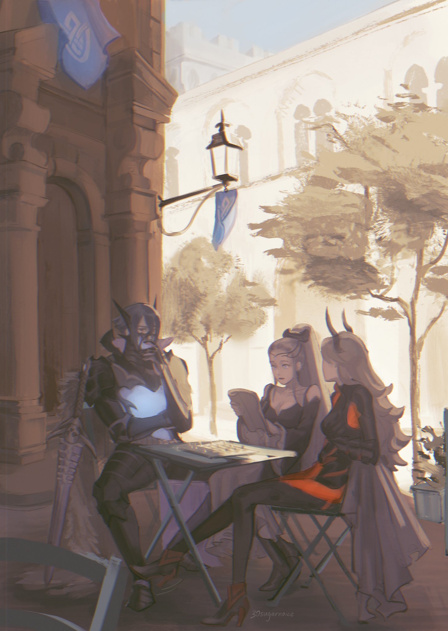 1boy, 2girls, 30sugarnoice, black_tiara, clothing_cutout, eir_(fire_emblem), fire_emblem, fire_emblem_heroes