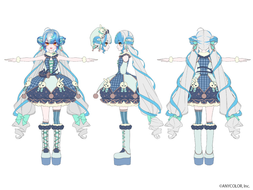 1girl, ahoge, asymmetrical_legwear, blue_hair, bow, copyright_notice, double_bun, grey_hair