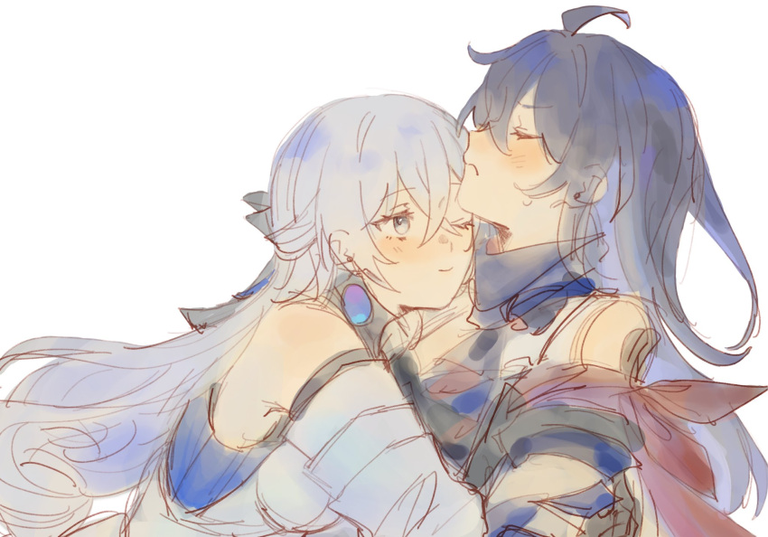 2girls, black_hair, blush, bronya_rand, closed_eyes, closed_mouth, earrings, elan_ouo