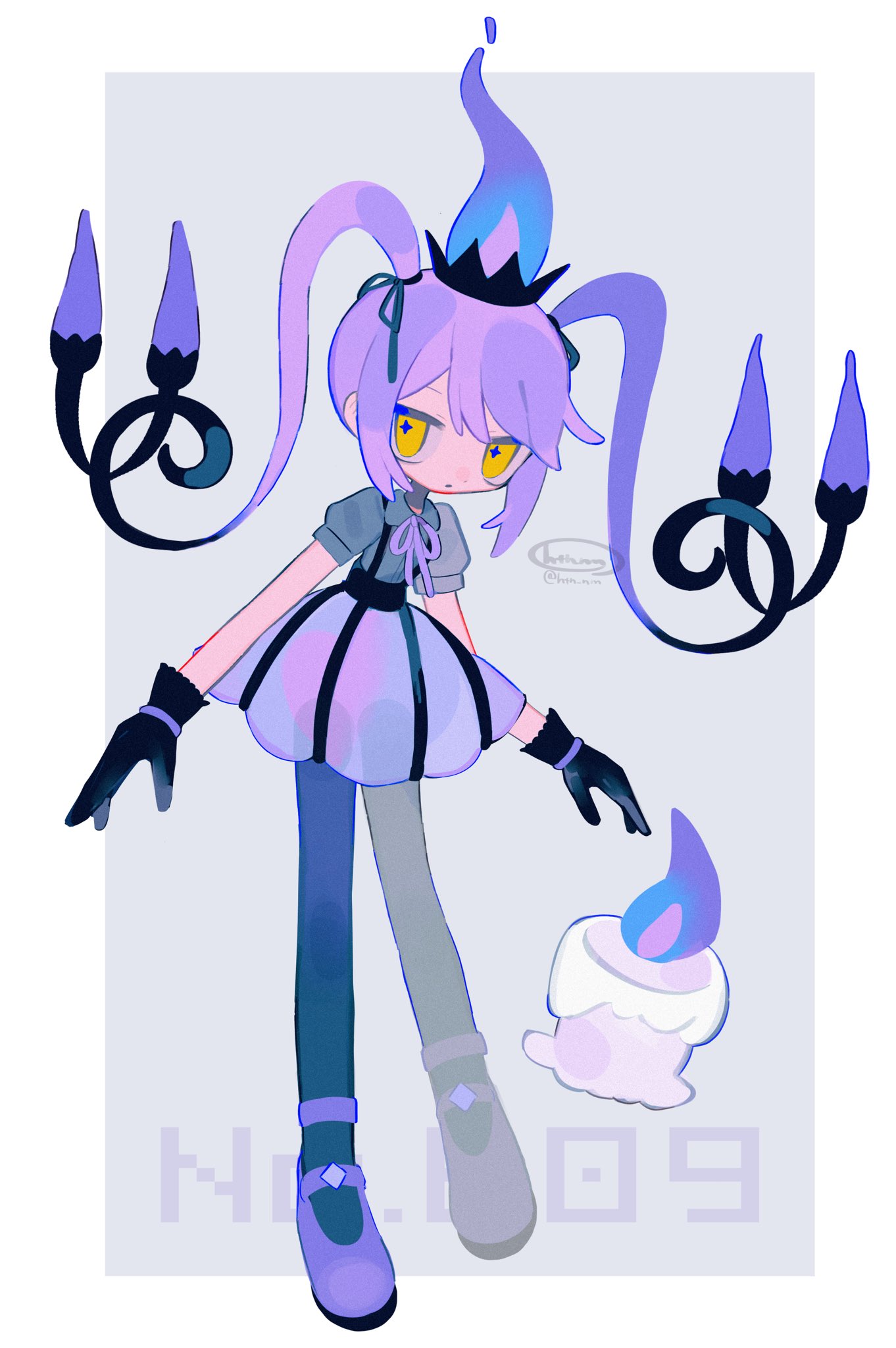 1girl, black_gloves, black_pantyhose, chandelure, chandelure_(cosplay), cosplay, fire, full_body, gloves, hatsune_miku, highres, htn_nm, litwick, long_hair, pantyhose, pokemon, pokemon_(creature), purple_fire, purple_footwear, purple_hair, purple_skirt, shirt, simple_background, skirt, twintails, vocaloid, white_shirt, yellow_eyes