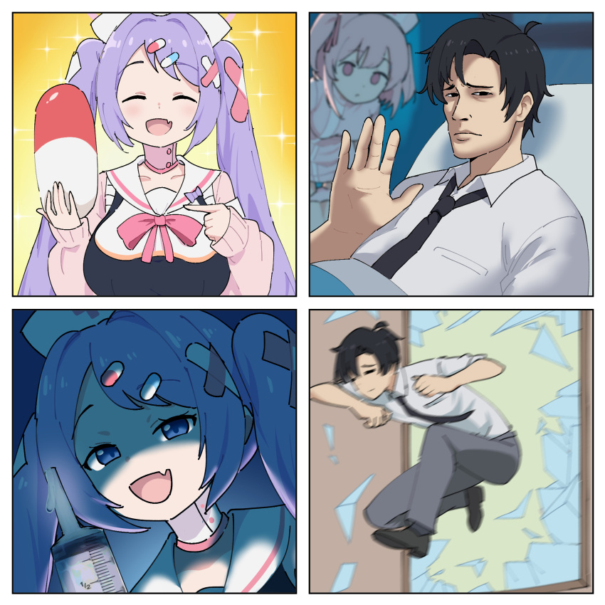 1boy, 2girls, absurdres, ai-generated_art_(topic), ai_angry_doctor_mario_(meme), autodefenestration, bandaid, bandaid_hair_ornament