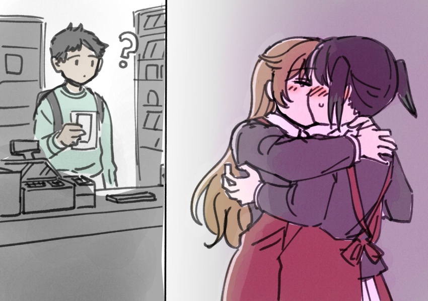 1boy, 2girls, ?, apron, arms_around_neck, black_hair, black_jacket, blush