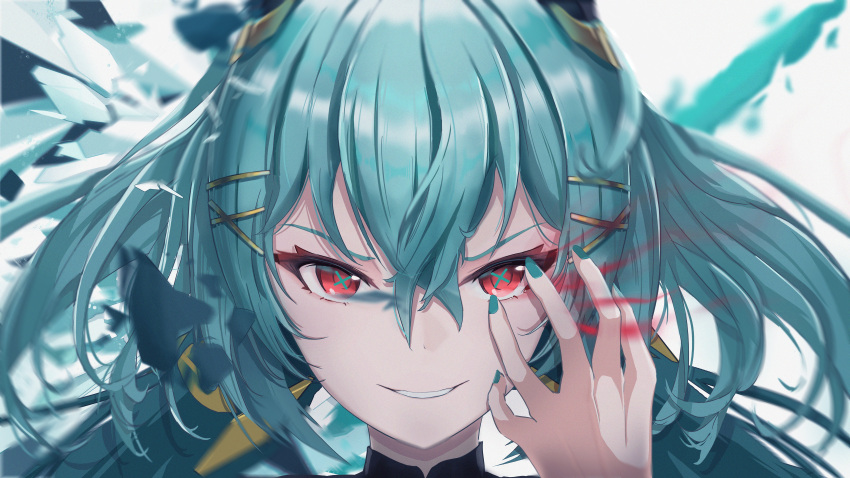 1girl, absurdres, aether_gazer, commentary_request, douuorain, evil_smile, eye_trail, green_hair