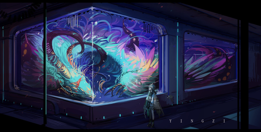 1girl, aquarium, arknights, arm_belt, artist_name, belt, belt_buckle, black-framed_eyewear, black_belt, black_footwear, black_scarf, black_sleeves, black_socks, boots, box, brown_hair, buckle, buttons, creature, feather_hair_ornament, feathers, full_body, glasses, hair_ornament, half-harpy, highres, indoors, jacket, knife, long_sleeves, looking_at_animal, multiple_belts, round_eyewear, scarf, short_hair, silence_(arknights), sleeves_past_fingers, sleeves_past_wrists, socks, solo, striped_clothes, striped_scarf, thigh_belt, thigh_strap, vertical-striped_clothes, vertical-striped_scarf, white_jacket, wide_shot, yingzi