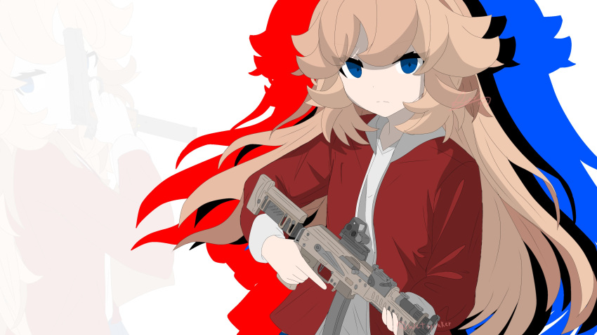1girl, absurdres, blue_eyes, fluffy_hair, gun, highres, jacket, miata_higashi, pp-19-01_vityaz, red_jacket, shirt, submachine_gun, weapon, wetspeaker, white_shirt