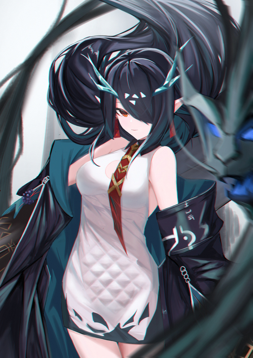 1girl, absurdres, arknights, bead_bracelet, beads, black_hair, black_jacket, bracelet