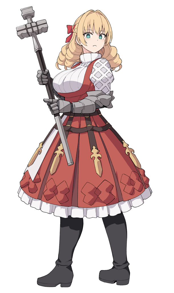 1girl, aqua_eyes, black_footwear, blonde_hair, breasts, closed_mouth, dress, drill_hair