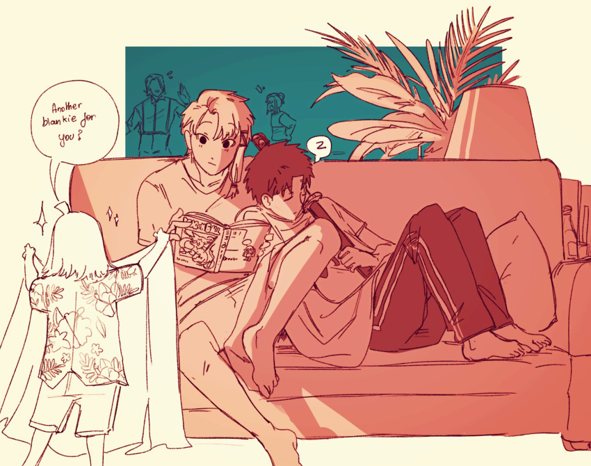 2girls, 3boys, barefoot, blanket, book, child, couch, hawaiian_shirt