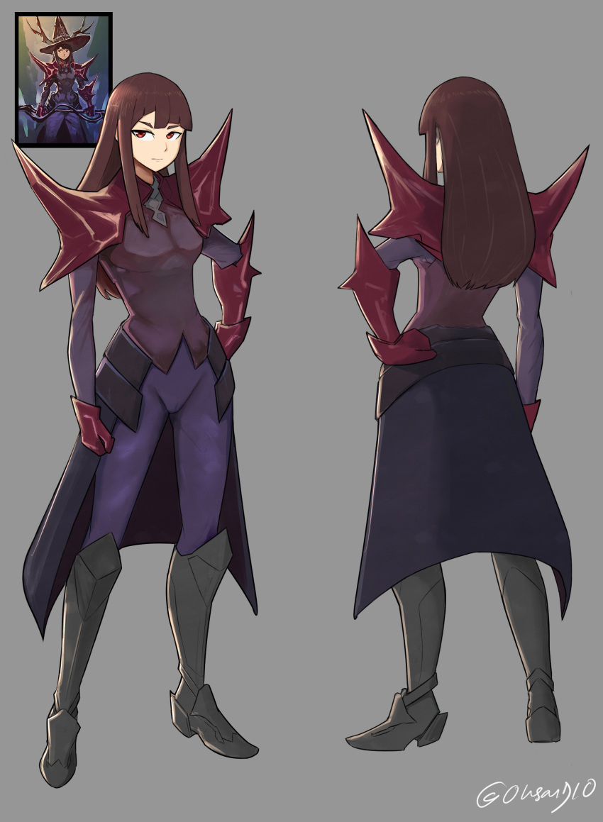 1girl, absurdres, aged_up, armor, armored_boots, boots, brown_hair, commentary
