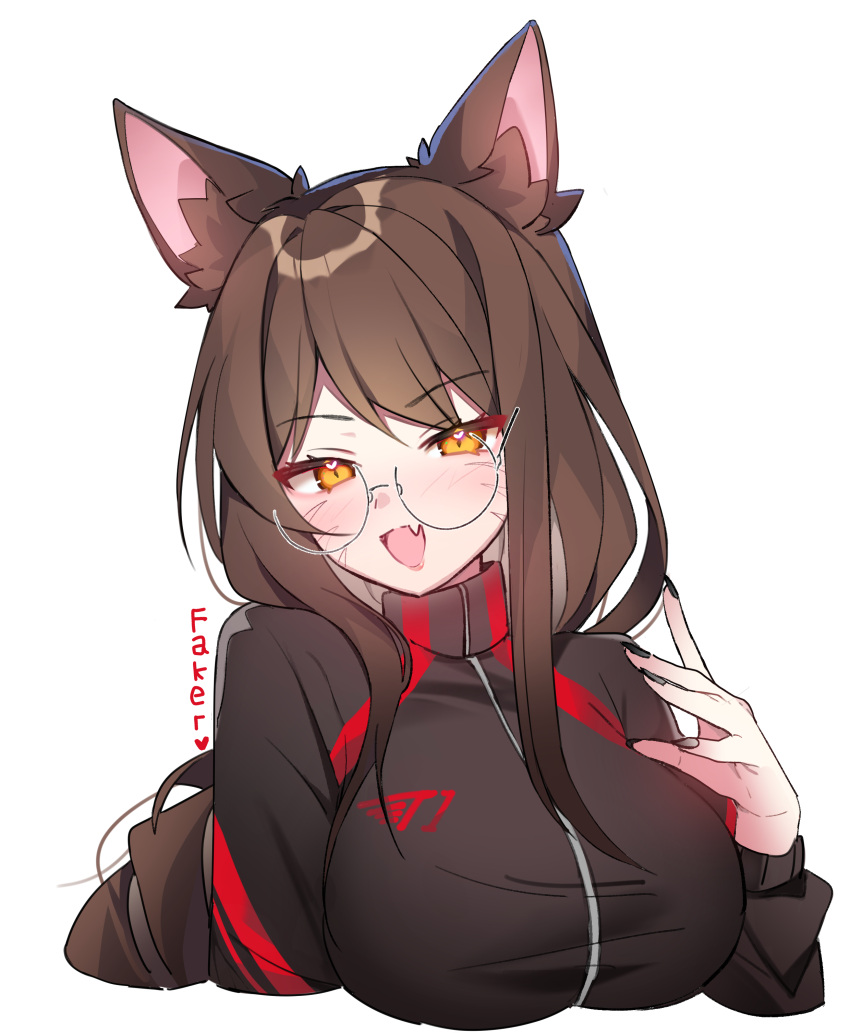 1girl, absurdres, ahri_(league_of_legends), alternate_costume, animal_ear_fluff, animal_ears, black_hair, black_nails, blush, breasts, brown_eyes, fang, fingernails, fox_ears, fox_girl, glasses, hair_between_eyes, highres, large_breasts, league_of_legends, long_hair, looking_at_viewer, nail_polish, open_mouth, pelicana, sidelocks, simple_background, skin_fang, smile, solo, t1_(esports), white_background