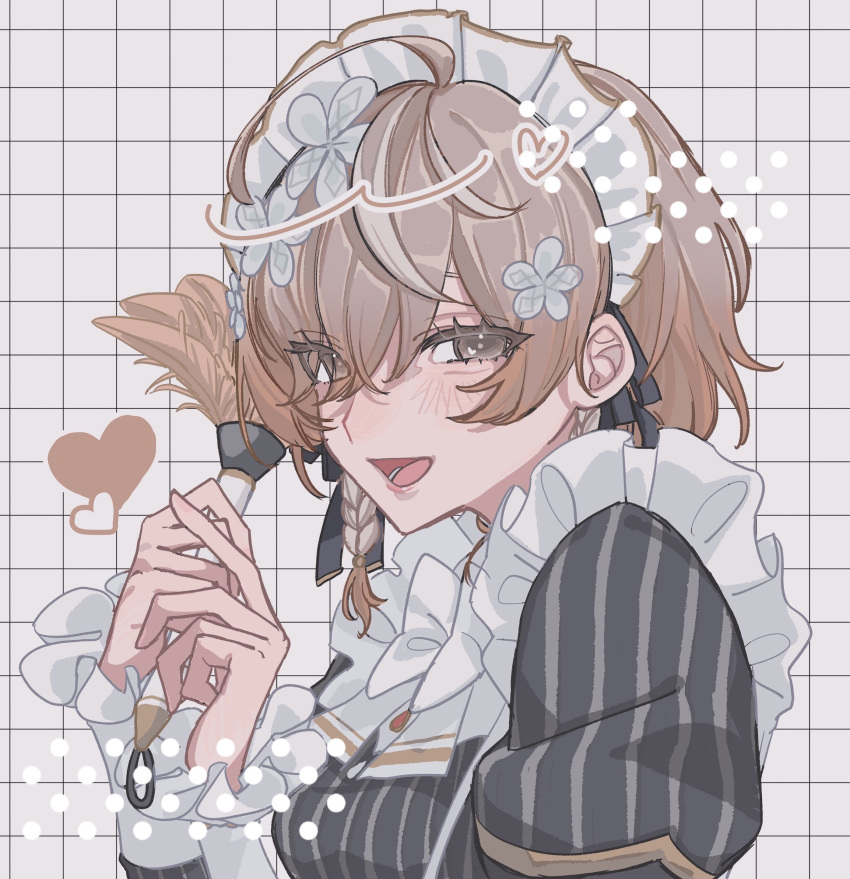 1girl, 24mrrrrr, absurdres, blush, breasts, brown_eyes, brown_hair, duster, eyes_visible_through_hair, hair_between_eyes, half-closed_eyes, heart, highres, holding, holding_duster, klara_charmwood, looking_at_viewer, maid, maid_headdress, medium_breasts, medium_hair, nijisanji, nijisanji_en, open_mouth, pink_lips, smile, solo, virtual_youtuber