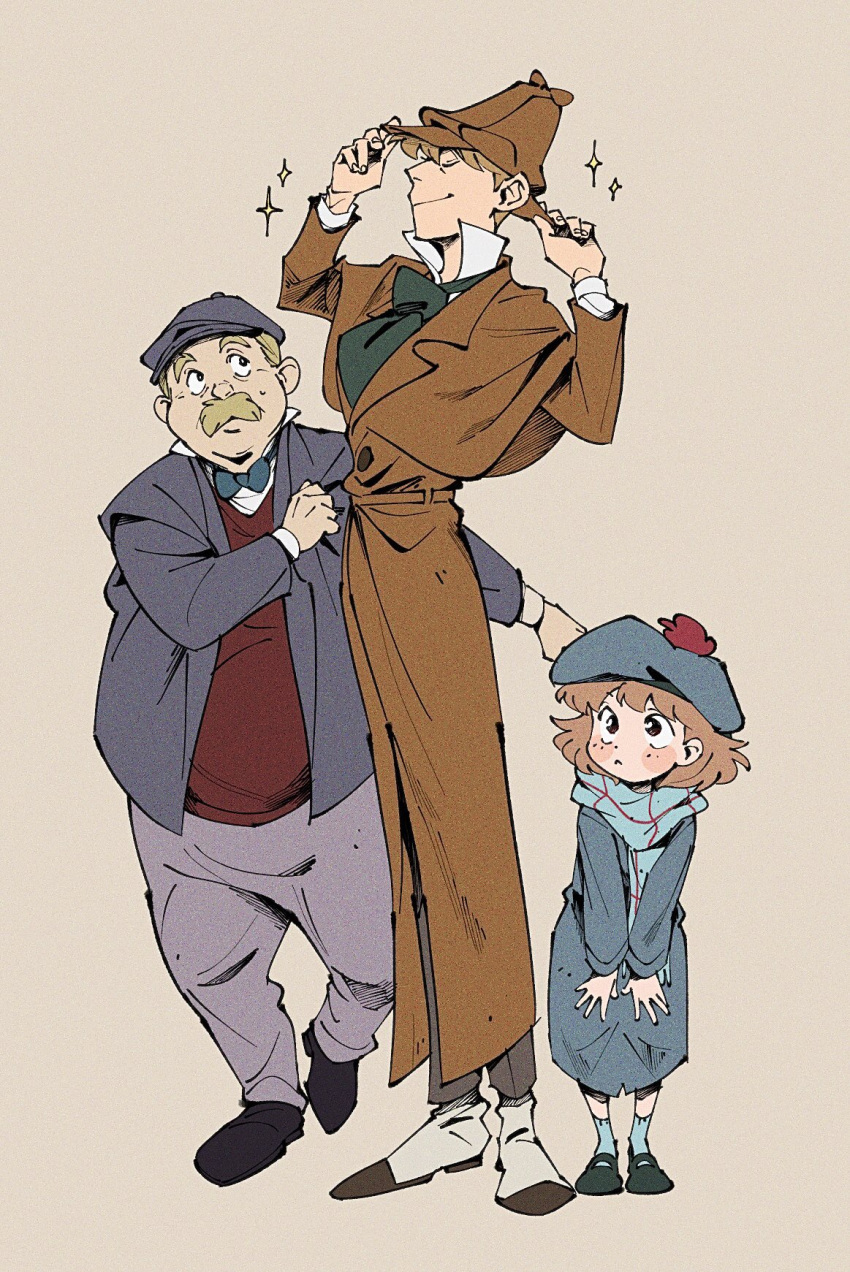 1girl, 2boys, ascot, basil_(mouse), black_footwear, blonde_hair, blue_coat, blue_hat