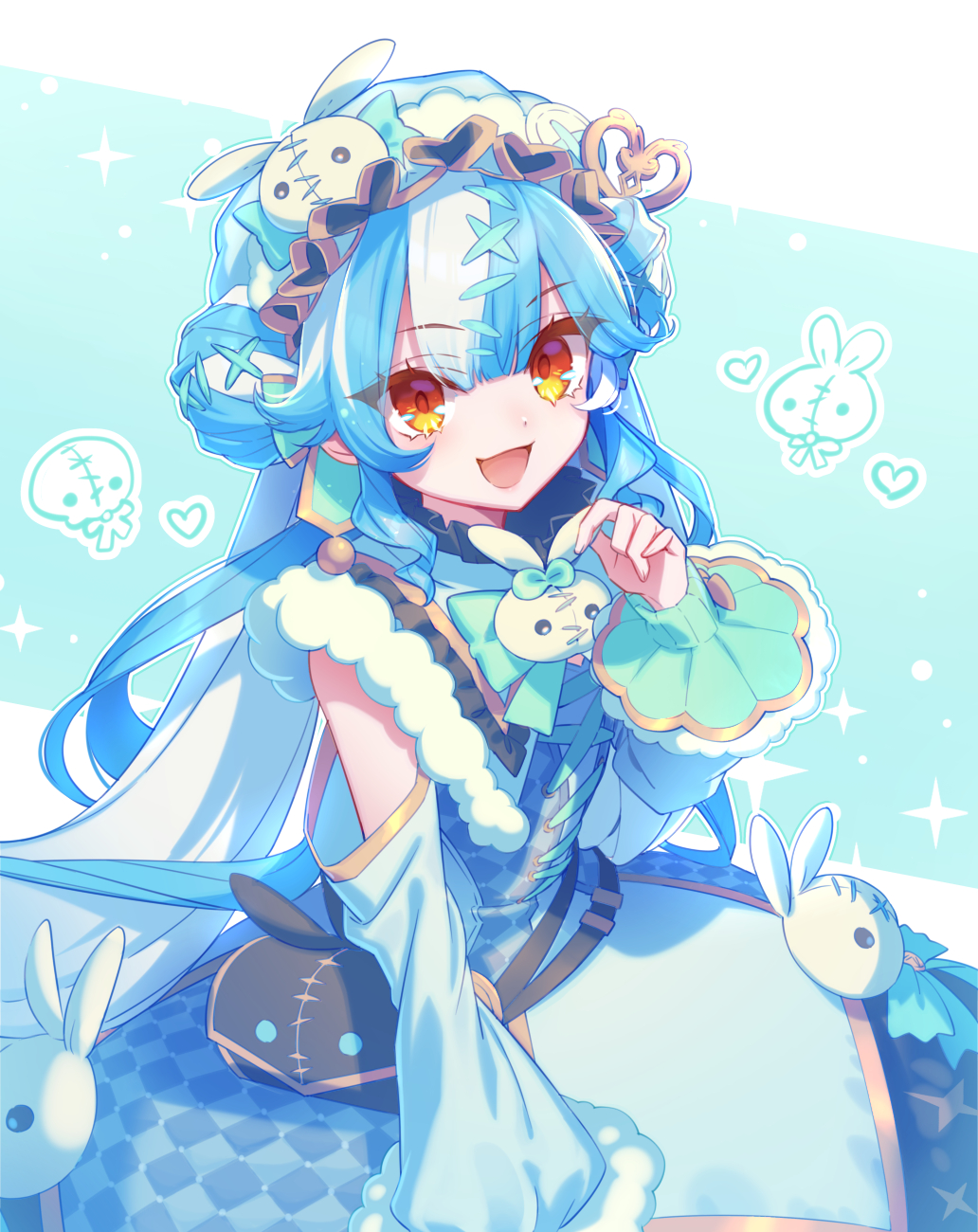 1girl, blue_hair, blush, double_bun, fur_trim, hair_between_eyes, hair_bun, hat