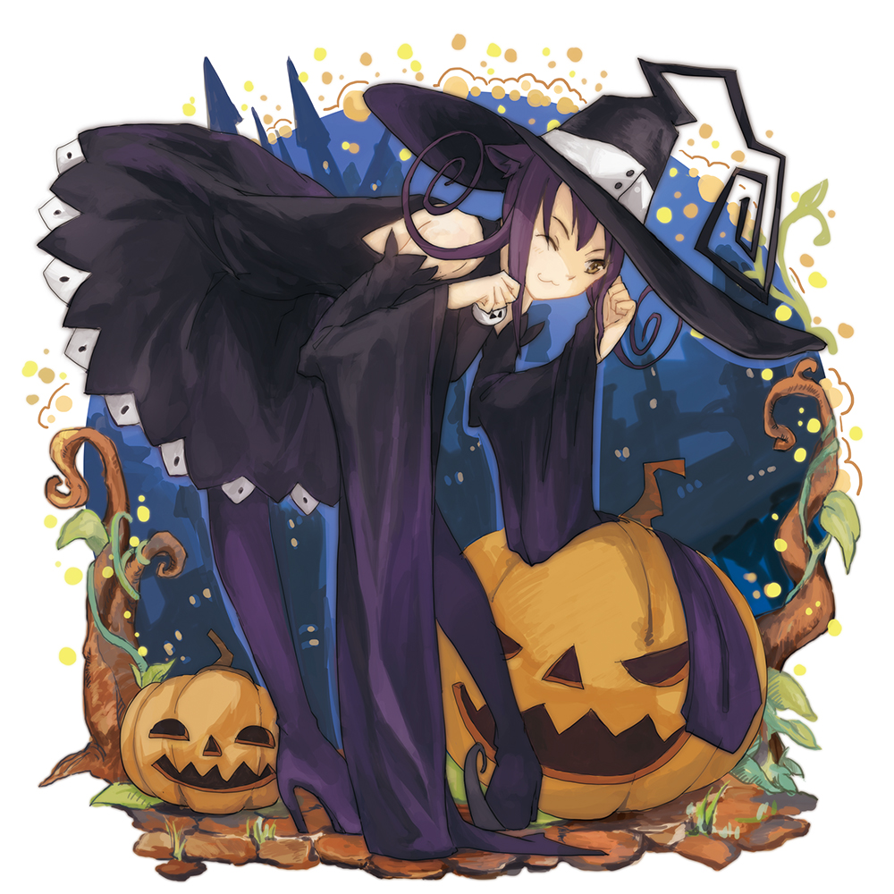 1girl, :3, black_dress, black_hat, blair_(soul_eater), boots, border, branch