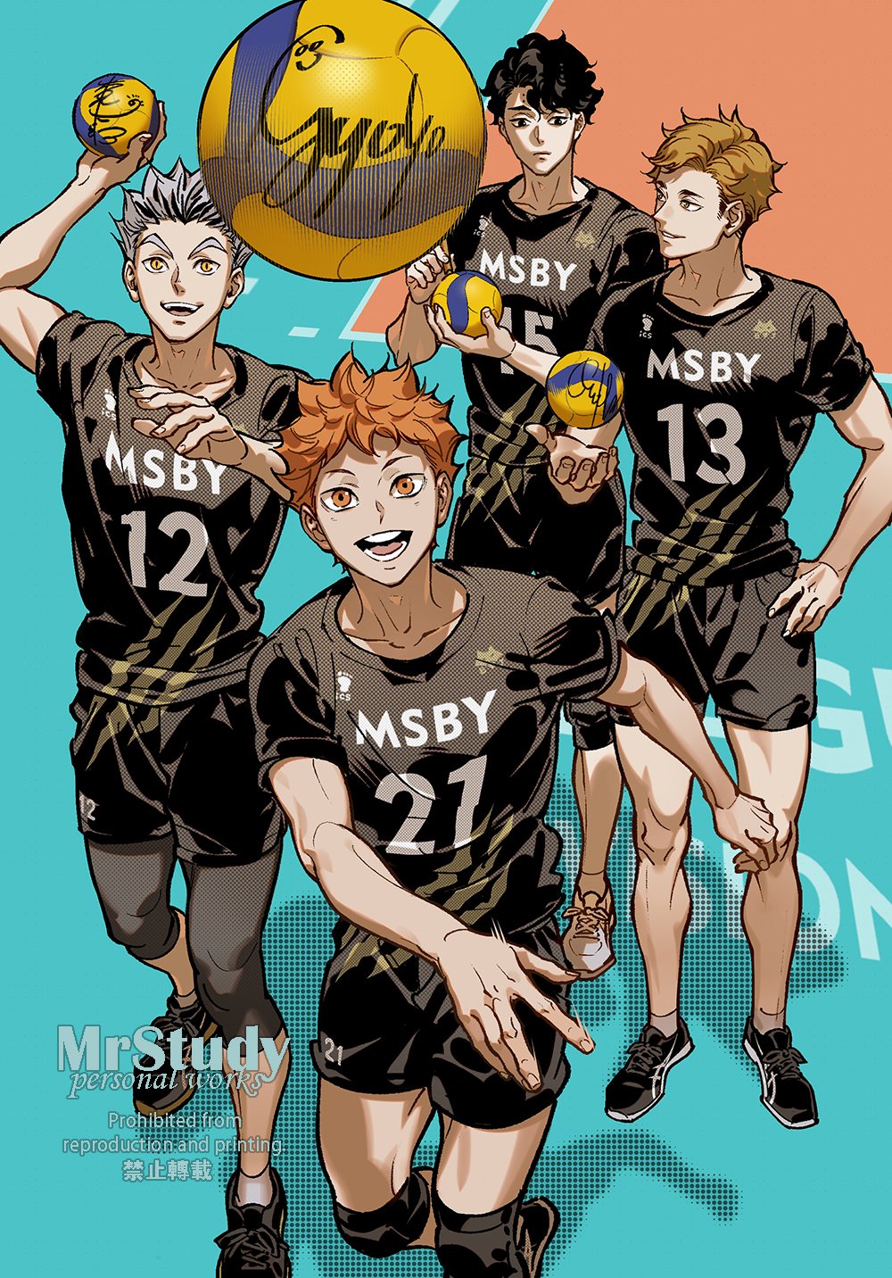4boys, artist_name, ball, black_eyes, black_footwear, black_hair, black_shirt, black_shorts, blonde_hair, blue_background, bokuto_koutarou, character_request, foot_out_of_frame, full_body, grey_hair, haikyuu!!, highres, hinata_shouyou, male_focus, miya_atsumu, mr_study, multicolored_hair, multiple_boys, open_mouth, orange_background, orange_eyes, orange_hair, shirt, shoes, short_hair, short_sleeves, shorts, signature, smile, sportswear, teeth, two-tone_background, two-tone_hair, volleyball_(object), volleyball_uniform, yellow_eyes