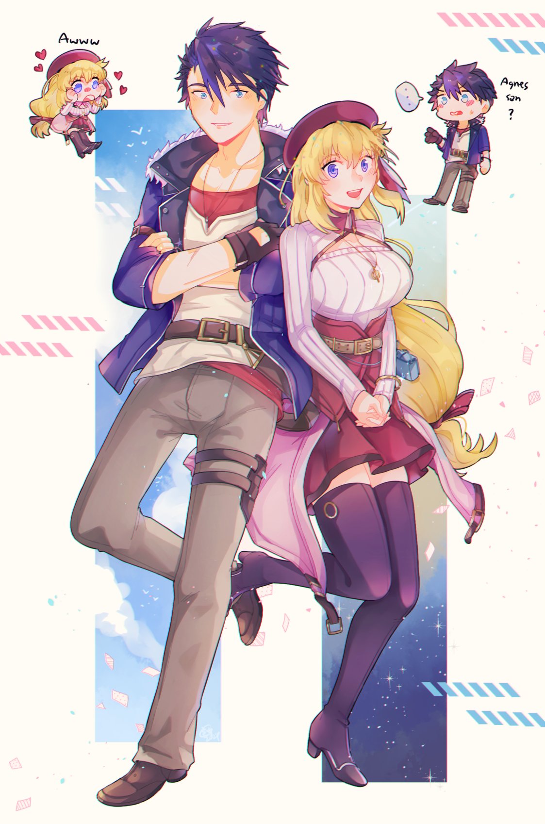 ..., 1boy, 1girl, :d, ?, agnes_claudel, belt, blonde_hair