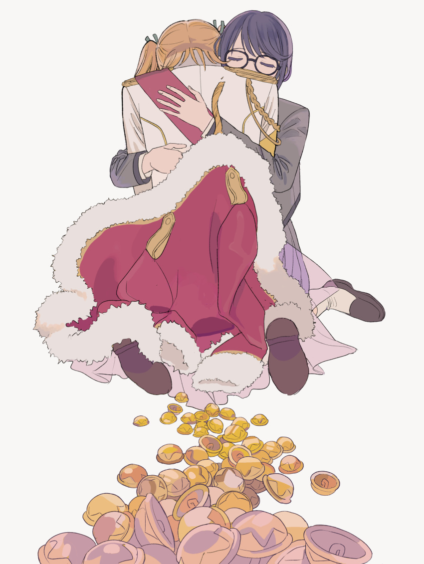 2girls, aiguillette, arms_at_sides, black-framed_eyewear, blonde_hair, brown_footwear, closed_eyes, commentary_request, covered_mouth, daiba_nana, epaulettes, facing_away, full_body, fur-trimmed_jacket, fur_trim, glasses, green_ribbon, grey_background, grey_jacket, grey_skirt, hair_ribbon, hands_up, head_on_another's_shoulder, heads_together, highres, hoshimi_junna, hoshino_(user_ddfw4228), hug, jacket, kneeling, loafers, long_sleeves, miniskirt, multiple_girls, purple_hair, red_jacket, red_sash, ribbon, sash, school_uniform, see-through, seishou_music_academy_uniform, shoe_soles, shoes, short_hair, shoujo_kageki_revue_starlight, shoulder_sash, simple_background, skirt, socks, unworn_jacket, waist_cape, white_jacket, white_socks, yuri