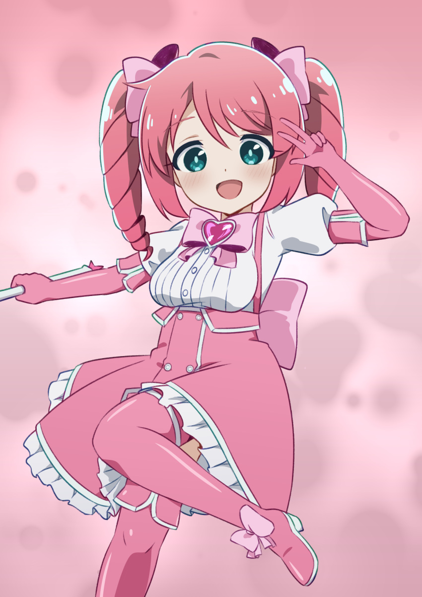 aged_down, blue_eyes, blush, boots, breasts, dress, drill_hair, eyebrows_hidden_by_hair