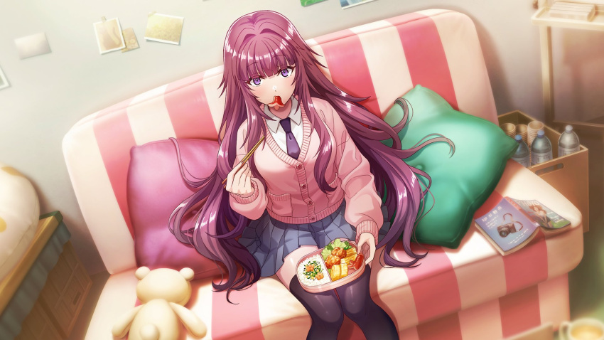 1girl, bento, black_thighhighs, blunt_bangs, blurry, book, bottle, cardigan