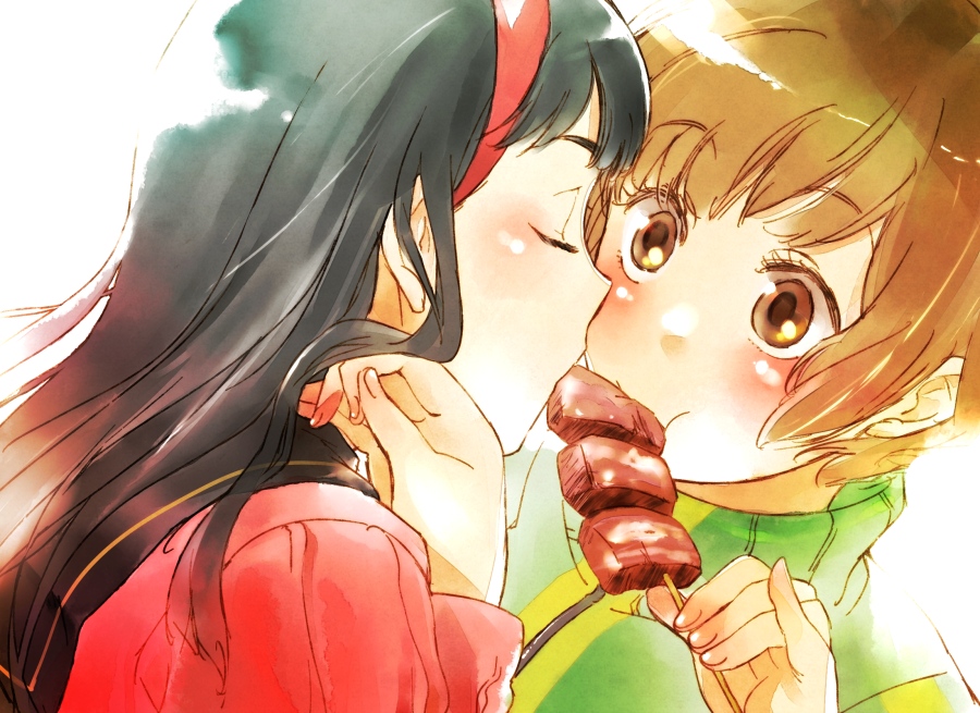 amagi_yukiko, black_hair, brown_eyes, brown_hair, closed_eyes, food, indirect_kiss, multiple_girls