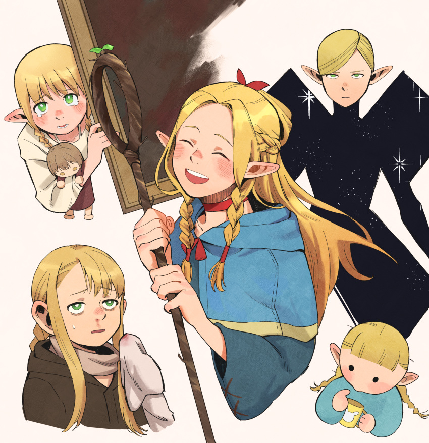 1girl, ^_^, absurdres, aged_down, asymmetrical_bangs, baby, black_dress, blonde_hair
