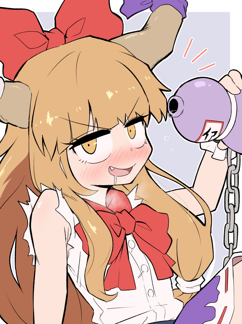 1girl, blush, border, bow, brown_eyes, brown_hair, drooling, drunk