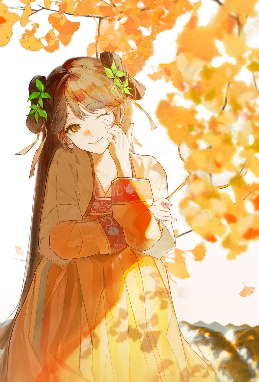 1girl, absurdres, branch, brown_eyes, brown_hair, chinese_clothes, closed_mouth, cowboy_shot